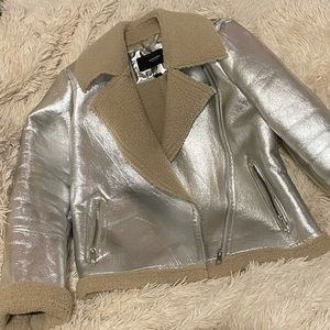 Silver and Tan Faux Leather Jacket M